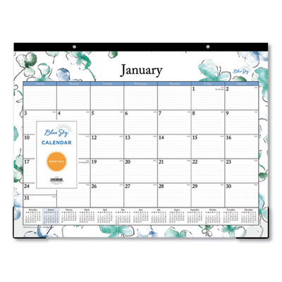 Lindley Desk Pad, Floral Artwork, 22 x 17, White/Blue/Green Sheets, Black Binding, Clear Corners, 12-Month (Jan to Dec): 2025